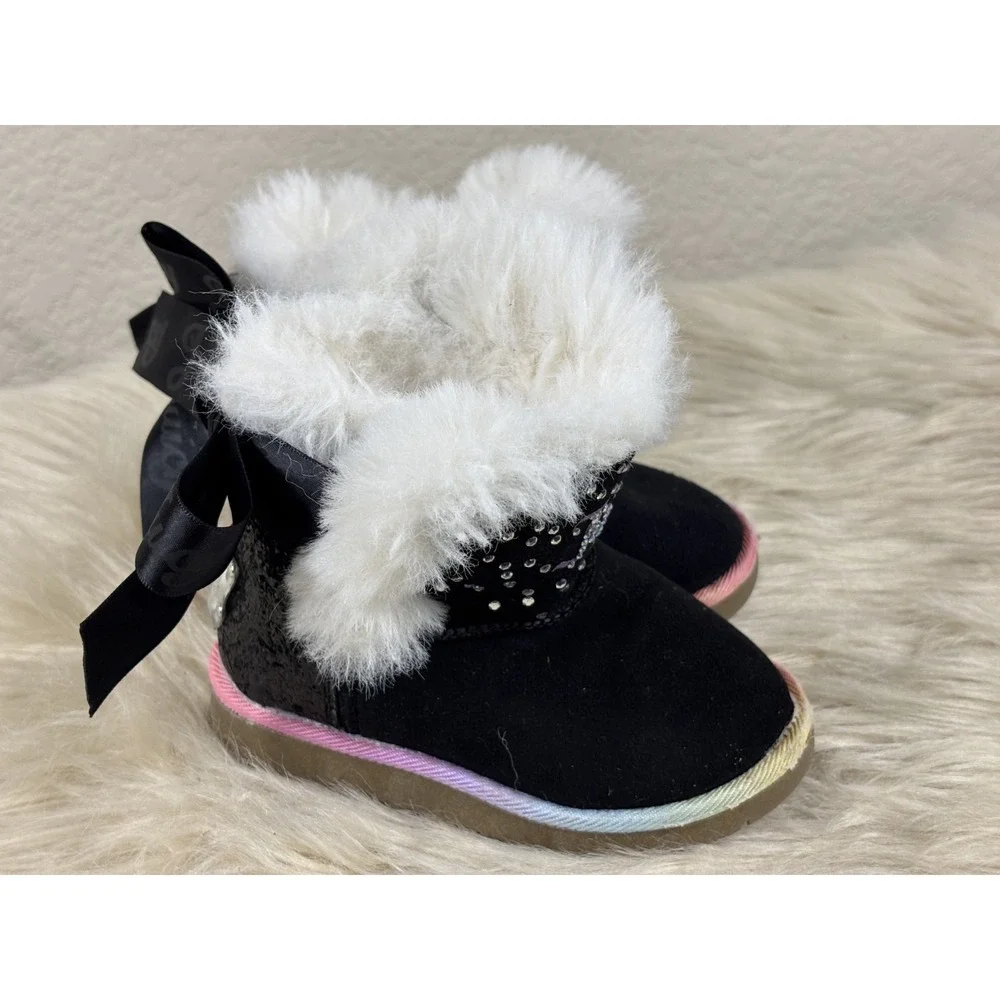 Juicy Couture Toddler Boots Girls Size 5 Black Faux Fur Rainbow Logo Winter Cozy